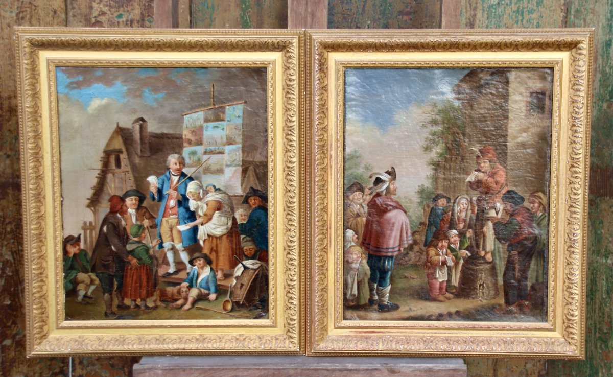 Paire De Peintures XVIIIème Représentant Des Scènes De Village Animées 
