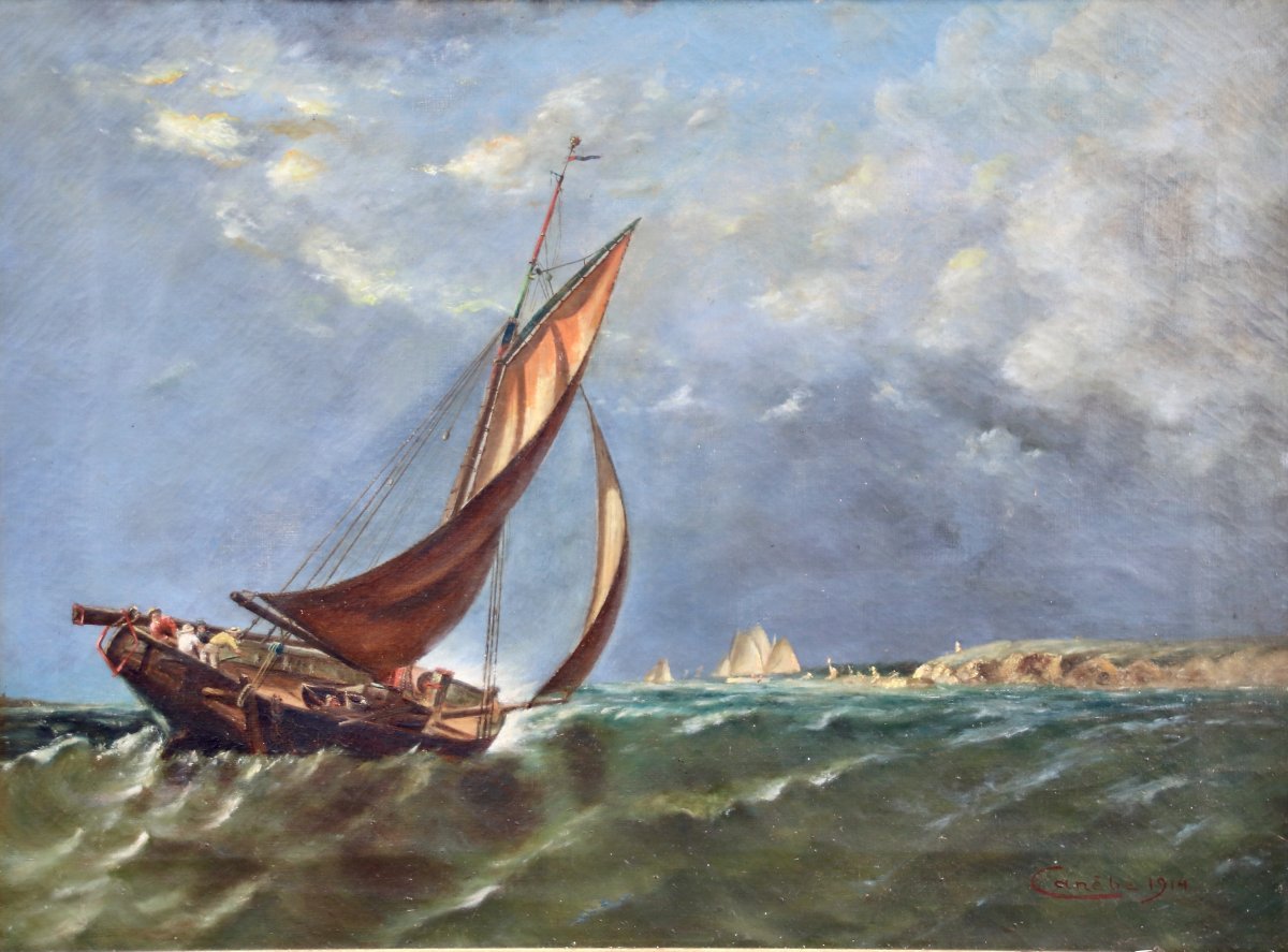 Marine Painting XIXth Normandy Landscape Of CanÈbe-photo-2