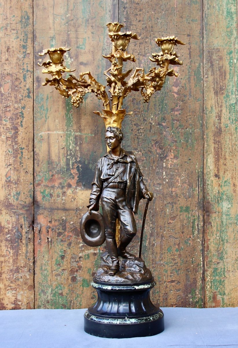 Paire De Candélabres En Bronze Aux Personnages d'époque XIXème De E. Blavier -photo-2