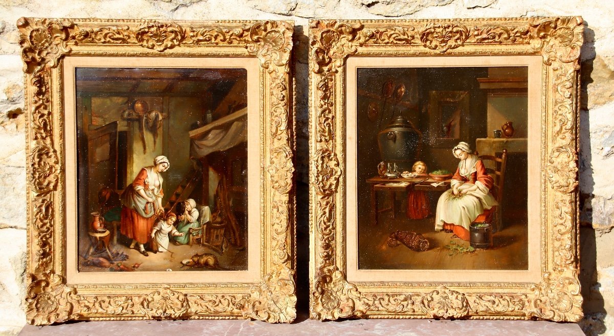 Paire De Peintures Sur Zinc d'époque XVIIIème 