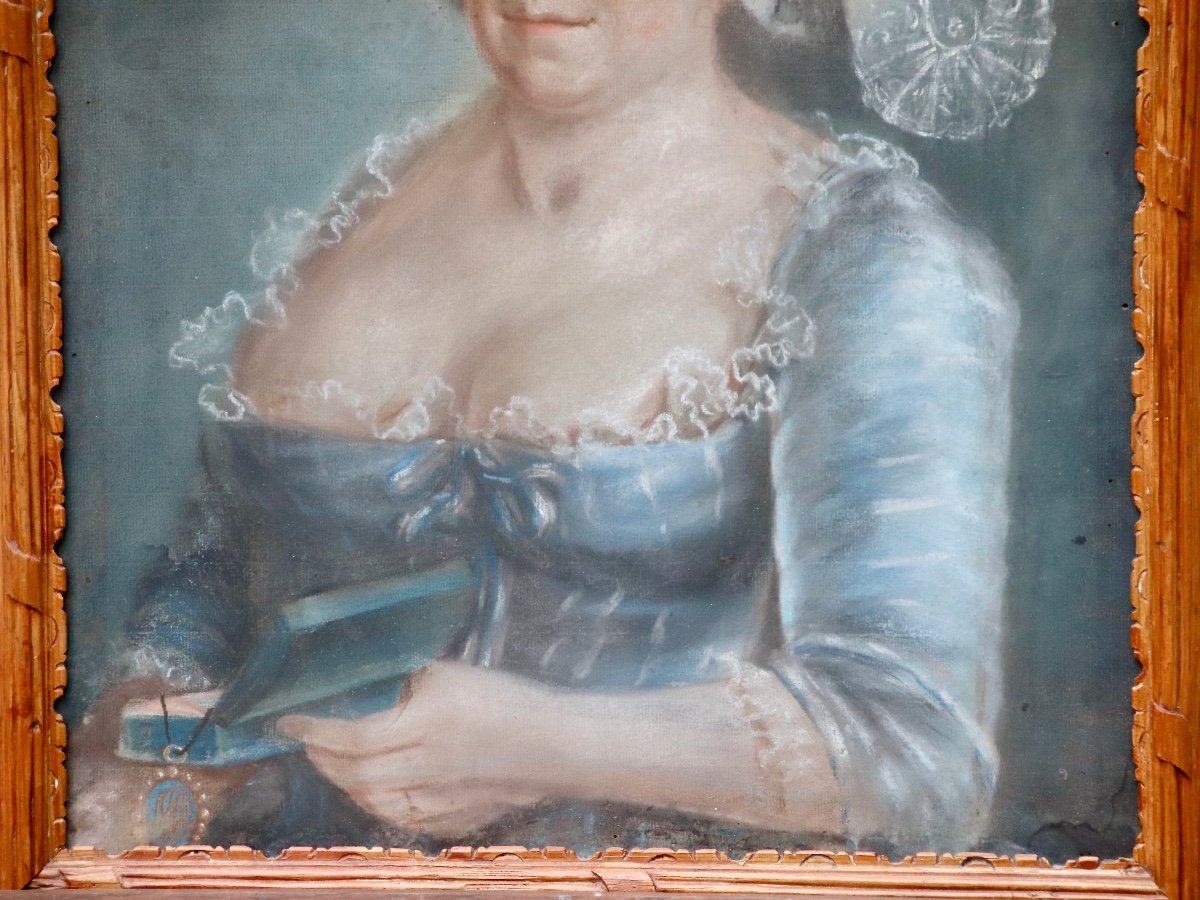 Pastel d'époque XVIIIème Femme à La Coiffe Et Au Livre-photo-2