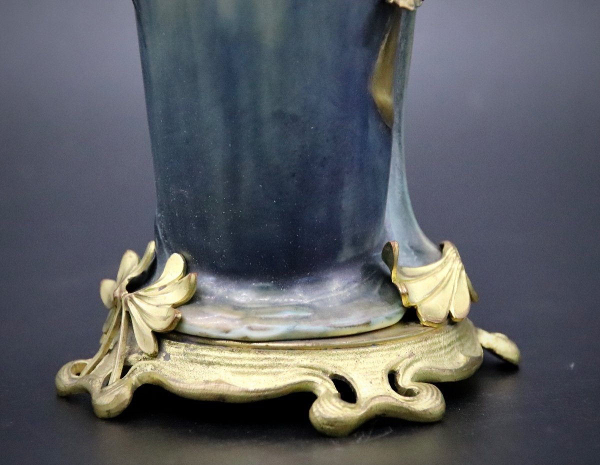 Art Nouveau Ceramic Vase Austria Bronze Mount By E. Walhiss-photo-3