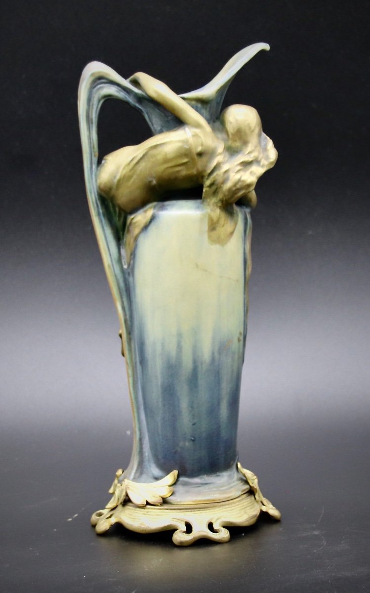 Art Nouveau Ceramic Vase Austria Bronze Mount By E. Walhiss-photo-1