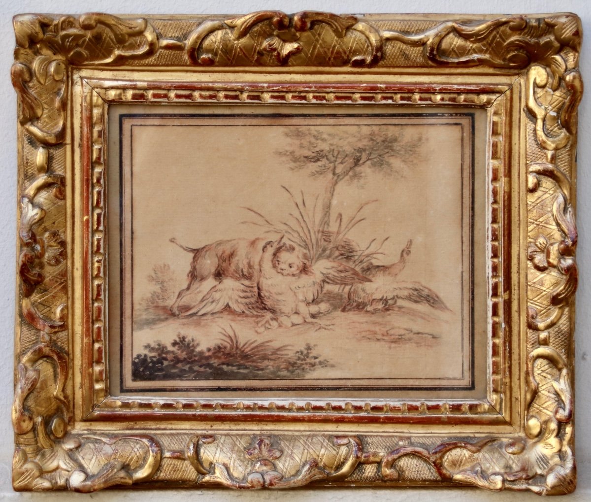 18th Century Hunting Dog Drawing After Oudry-photo-1