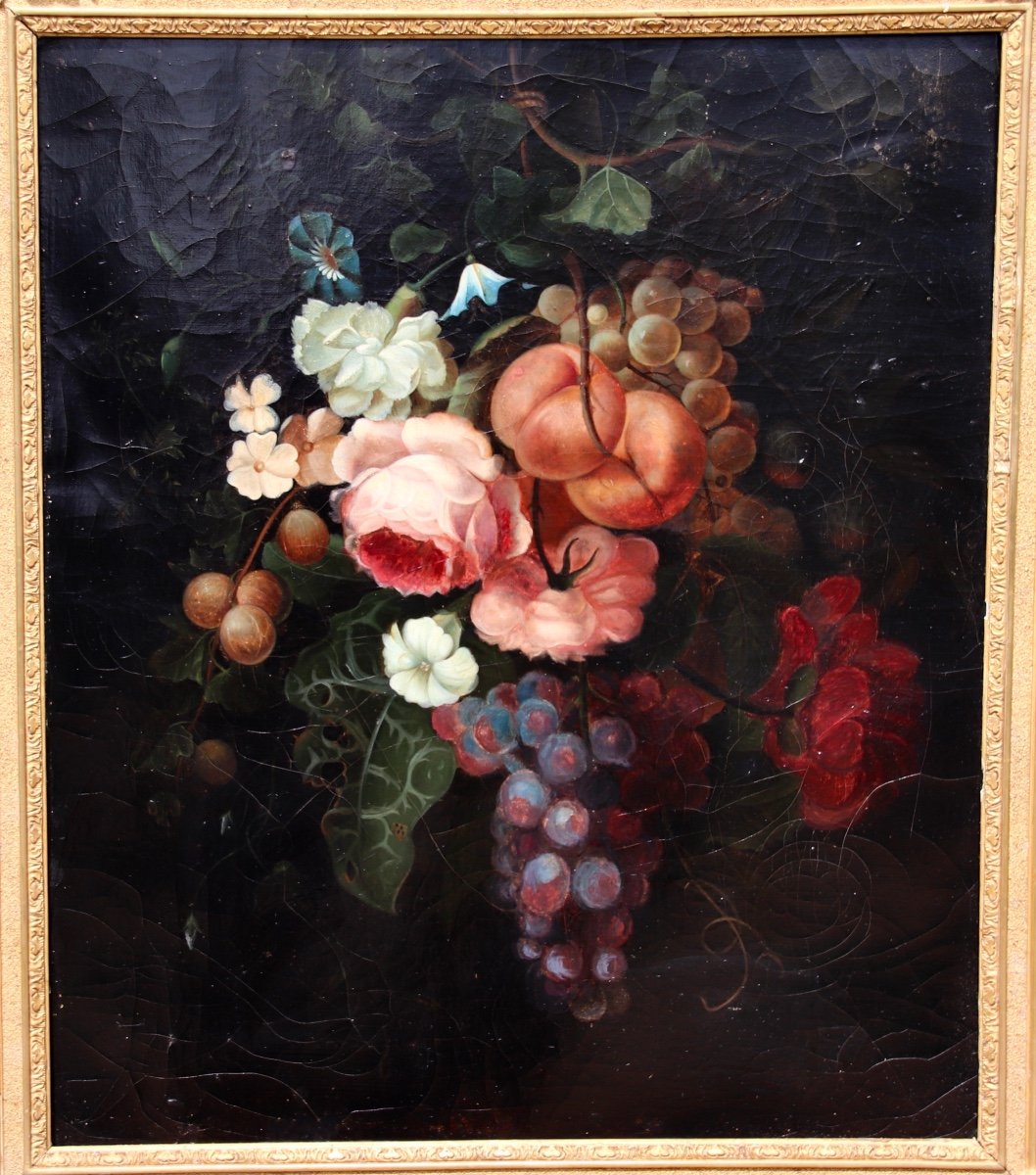 XIXth Painting Still Life With Roses And Fruits-photo-2