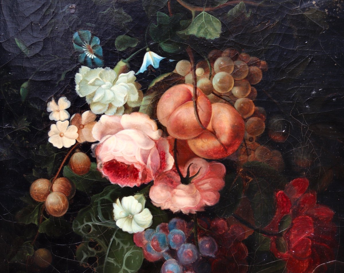 XIXth Painting Still Life With Roses And Fruits-photo-3