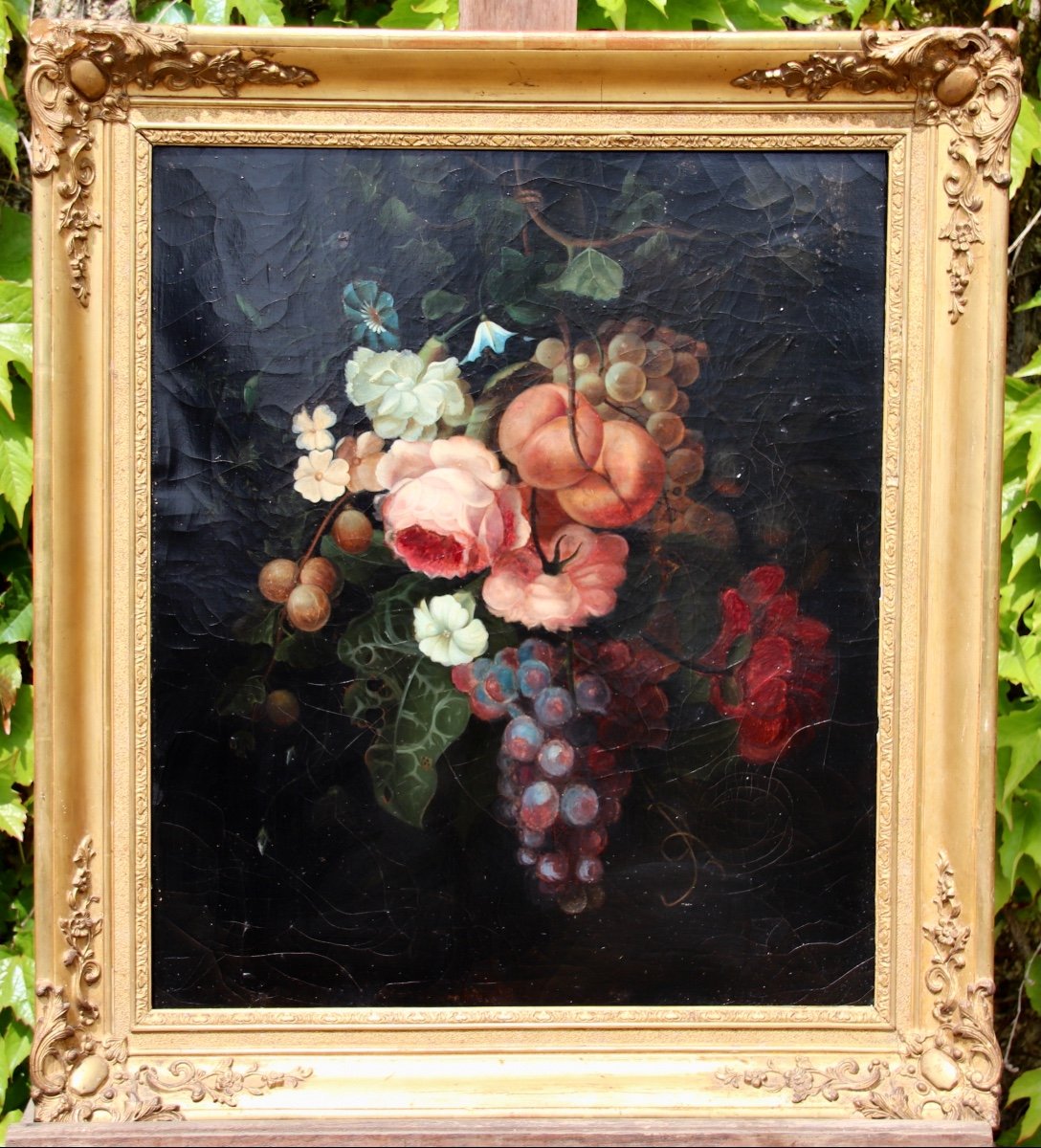 XIXth Painting Still Life With Roses And Fruits-photo-1