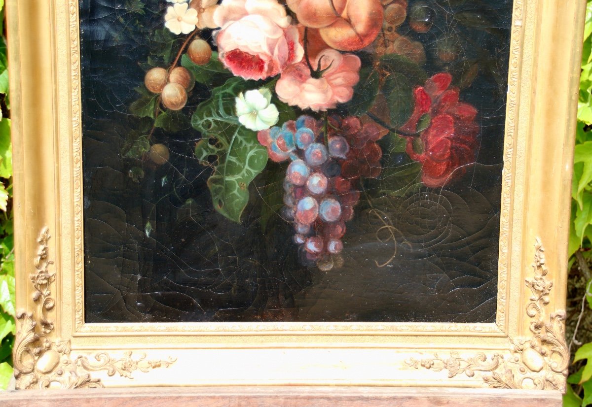 Peinture XIXème Nature Morte Aux Roses Et fruits-photo-3