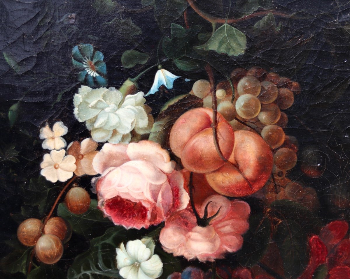 XIXth Painting Still Life With Roses And Fruits-photo-4