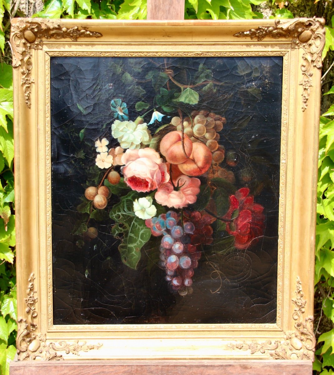 XIXth Painting Still Life With Roses And Fruits