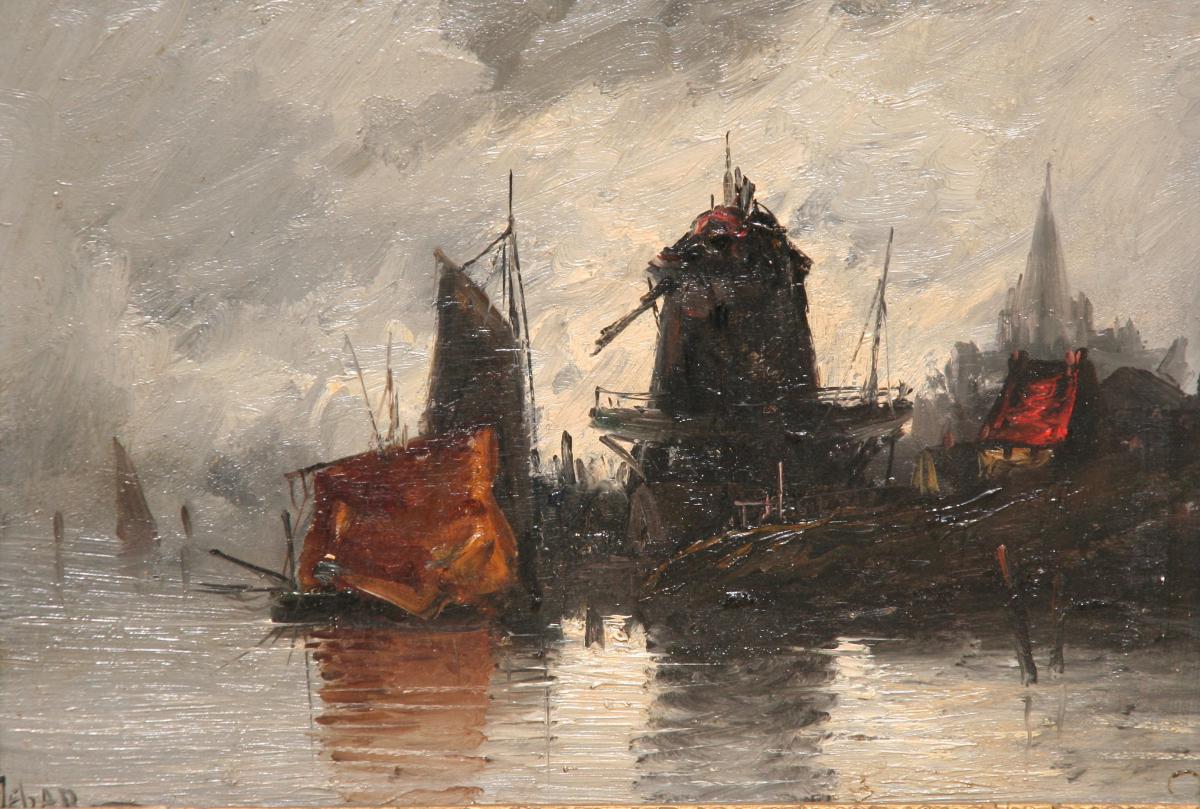 Oil On Panel "boats In Harbor"-photo-2