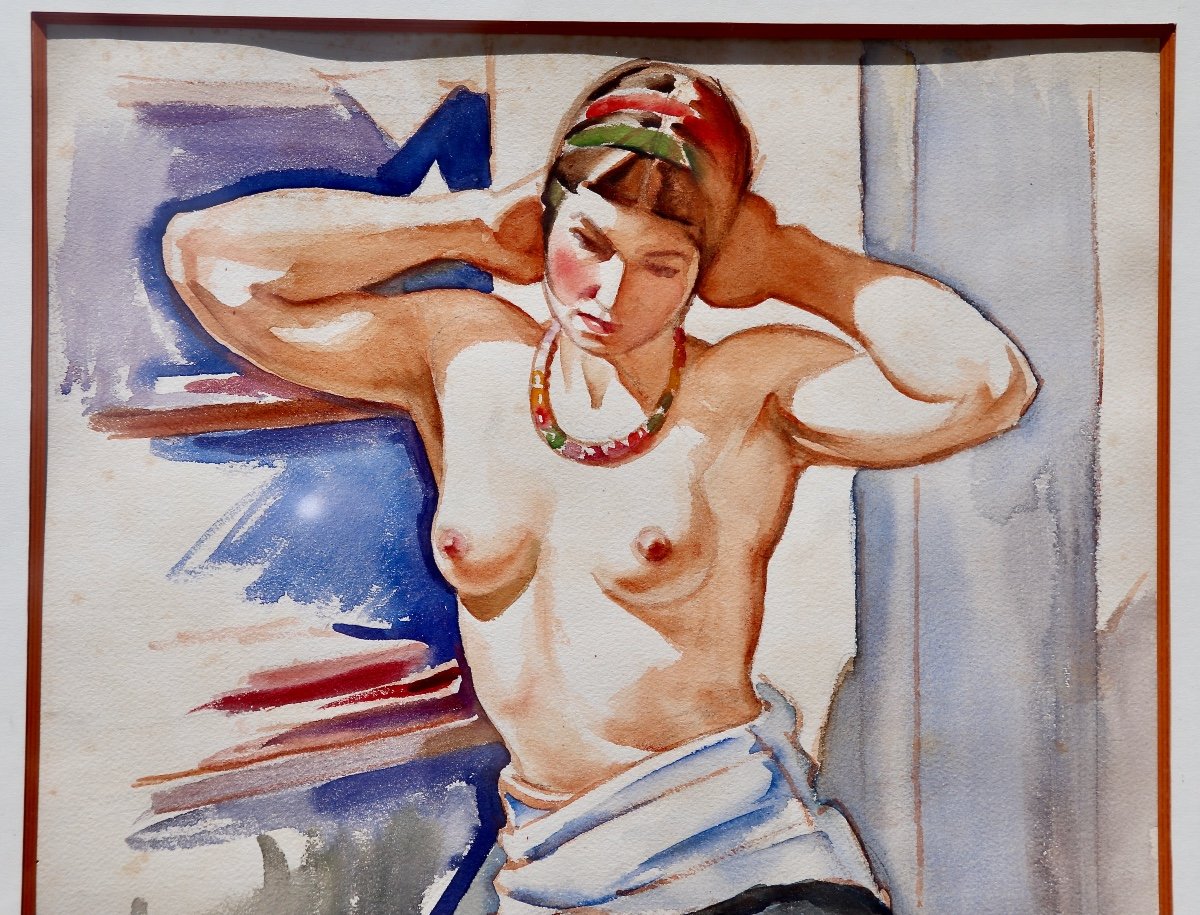 Watercolor Drawing By H. GervÈze Woman In Naked Bust-photo-2