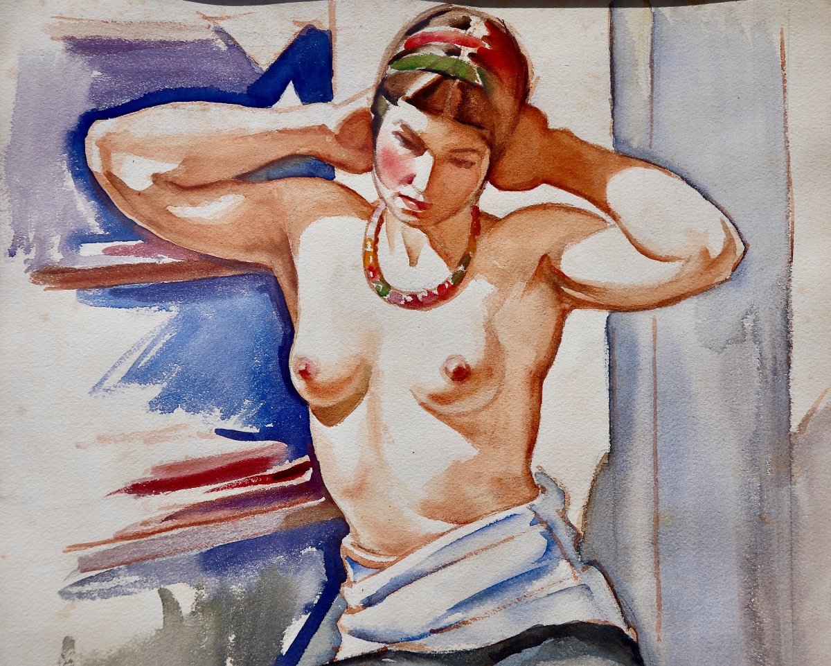 Watercolor Drawing By H. GervÈze Woman In Naked Bust-photo-2