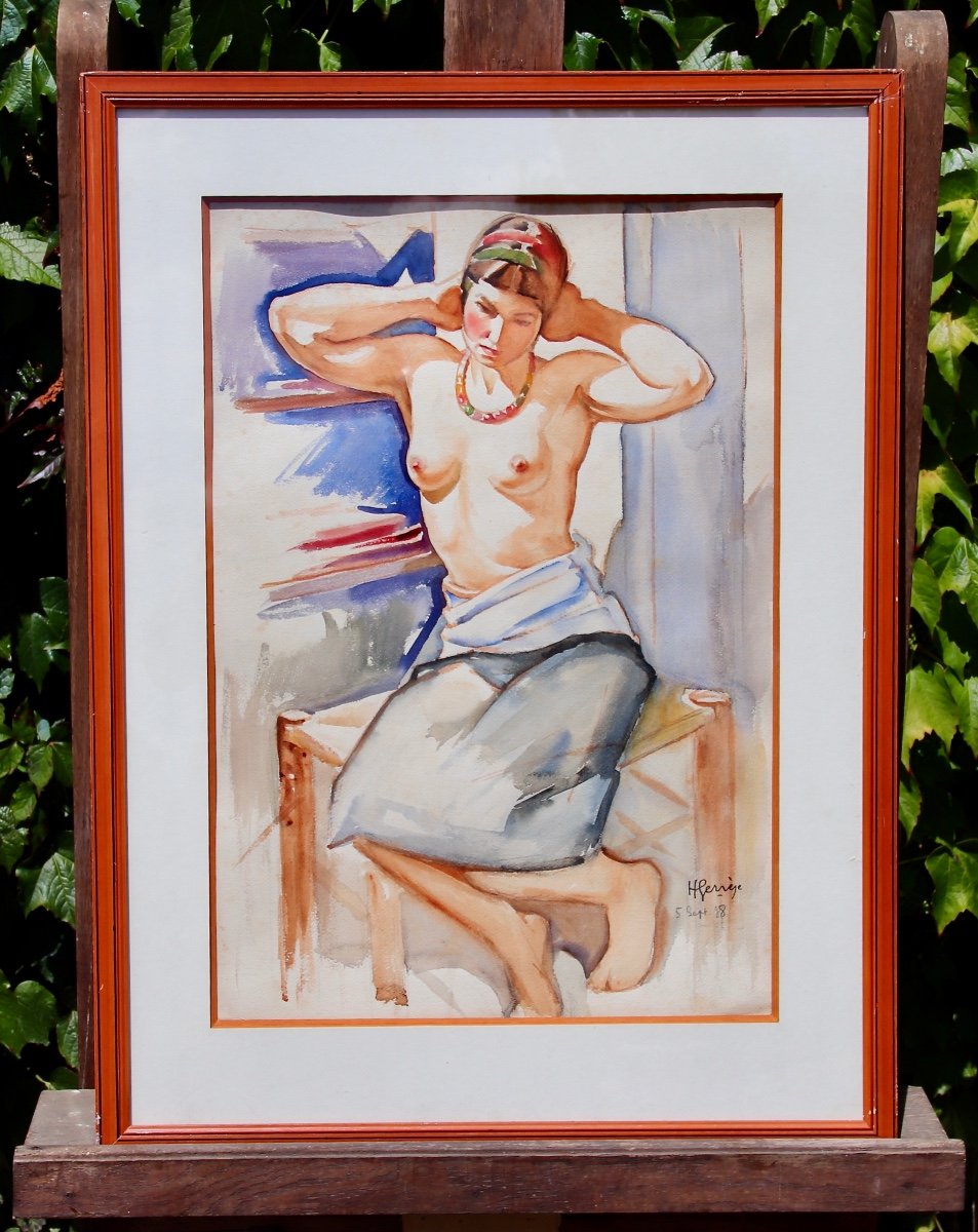 Watercolor Drawing By H. GervÈze Woman In Naked Bust-photo-3
