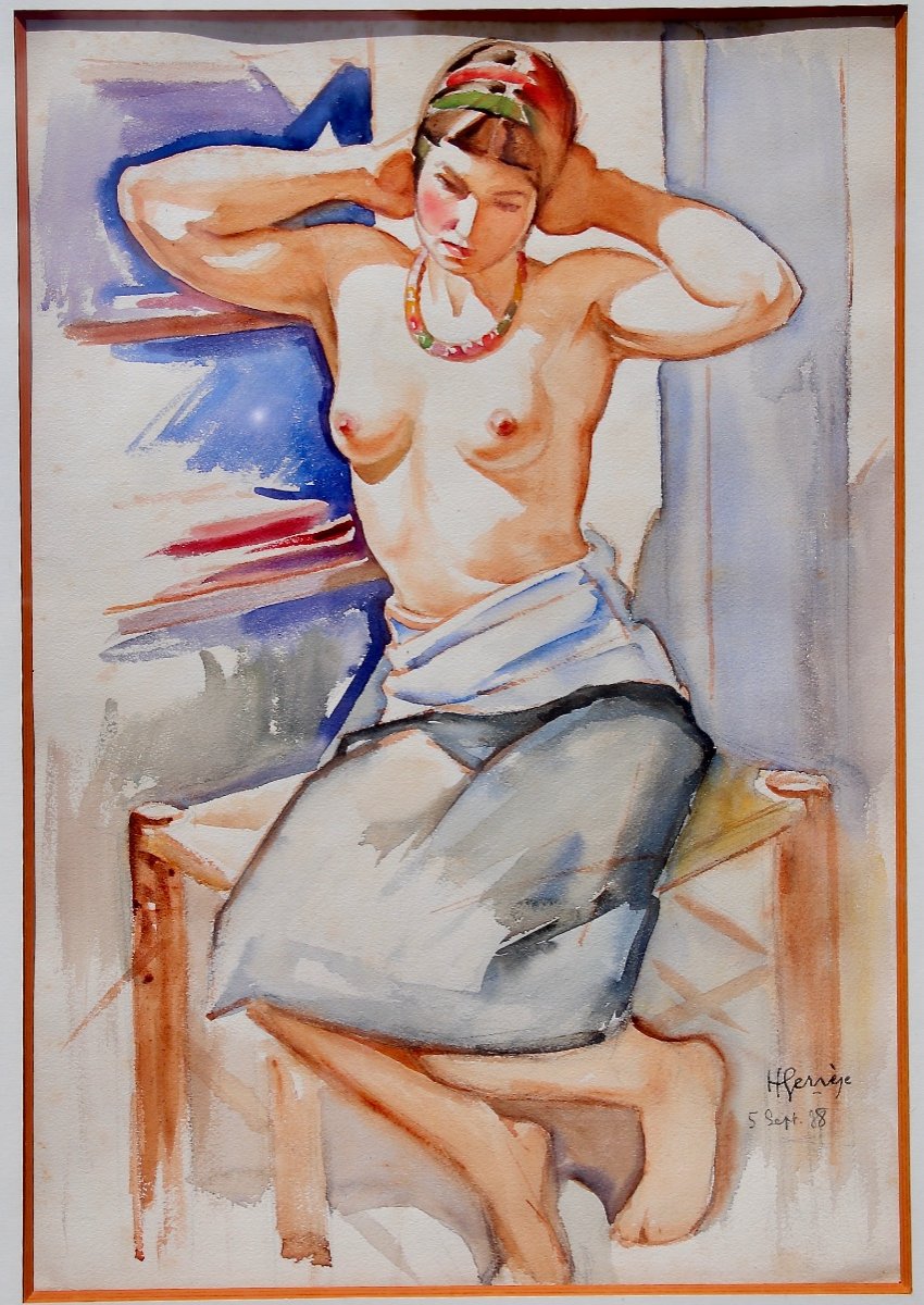 Watercolor Drawing By H. GervÈze Woman In Naked Bust-photo-4