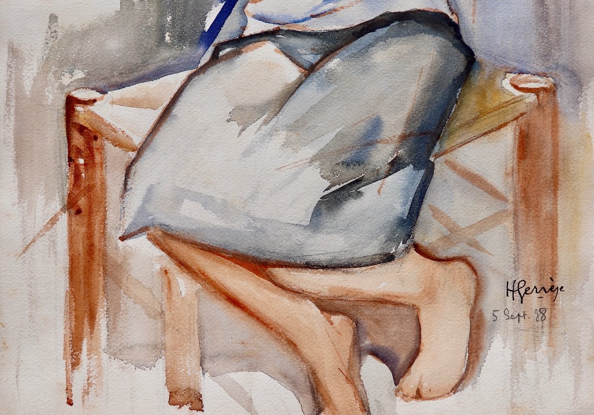 Watercolor Drawing By H. GervÈze Woman In Naked Bust-photo-5