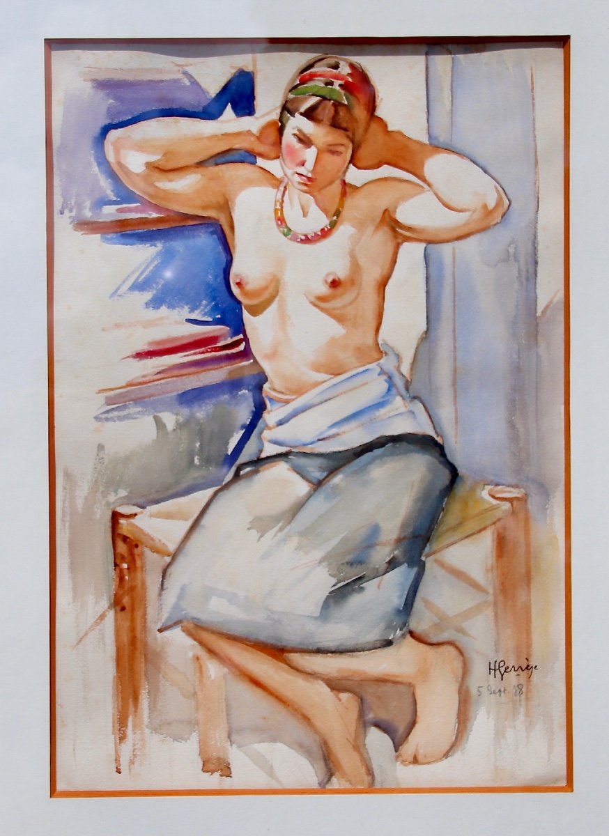 Watercolor Drawing By H. GervÈze Woman In Naked Bust