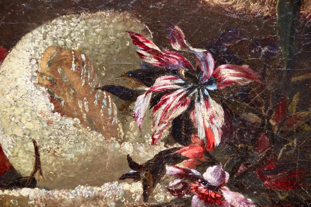 Peinture XVIIème Nature Morte Aux Fruits Et Fleurs Sur Fond De Tapisserie -photo-4