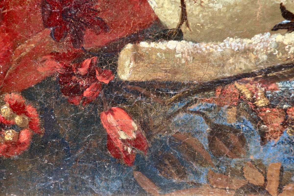 17th Century Painting Still Life With Fruits And Flowers On Tapestry Background-photo-3