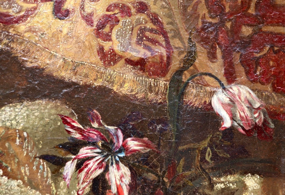 17th Century Painting Still Life With Fruits And Flowers On Tapestry Background-photo-4