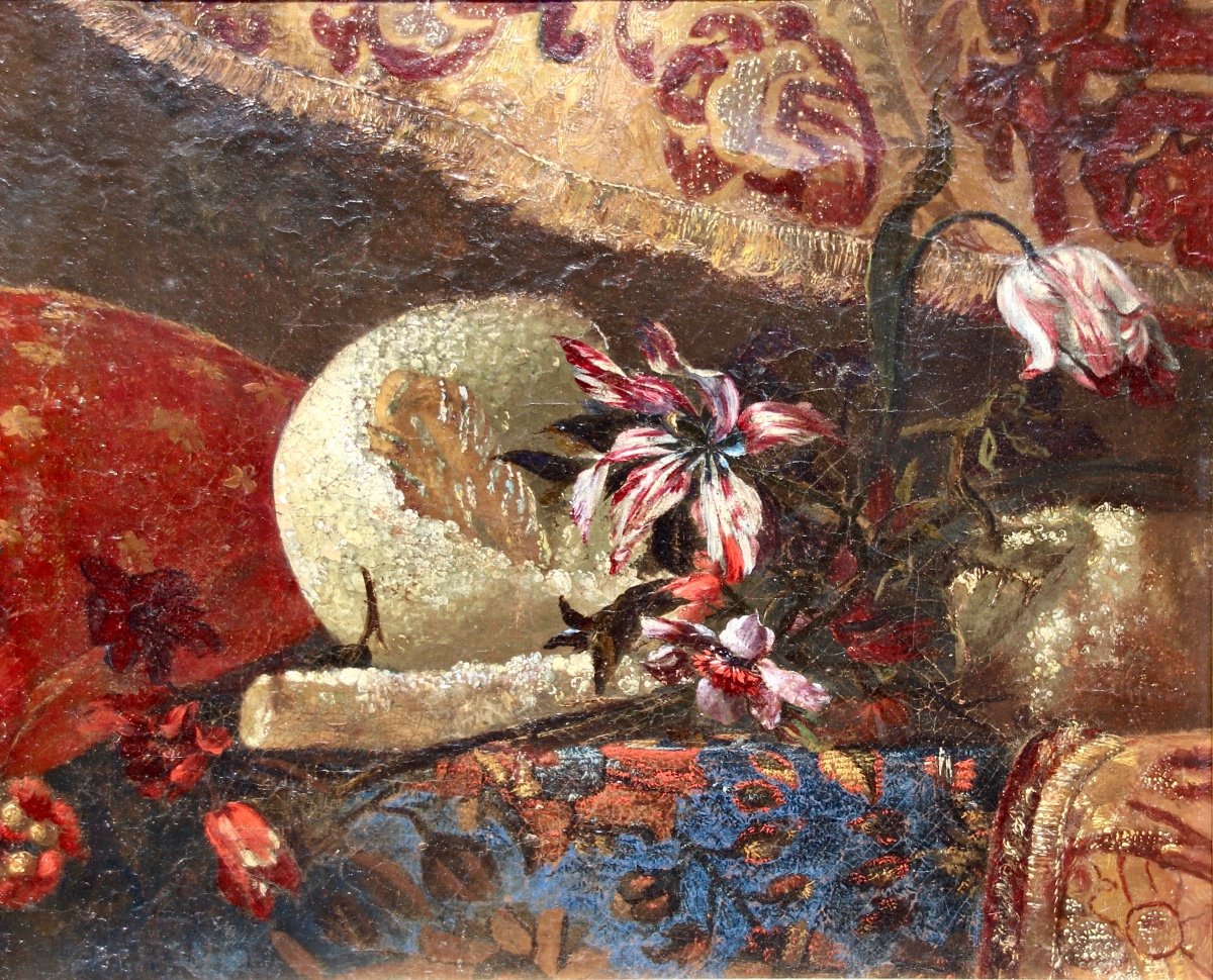 17th Century Painting Still Life With Fruits And Flowers On Tapestry Background-photo-5