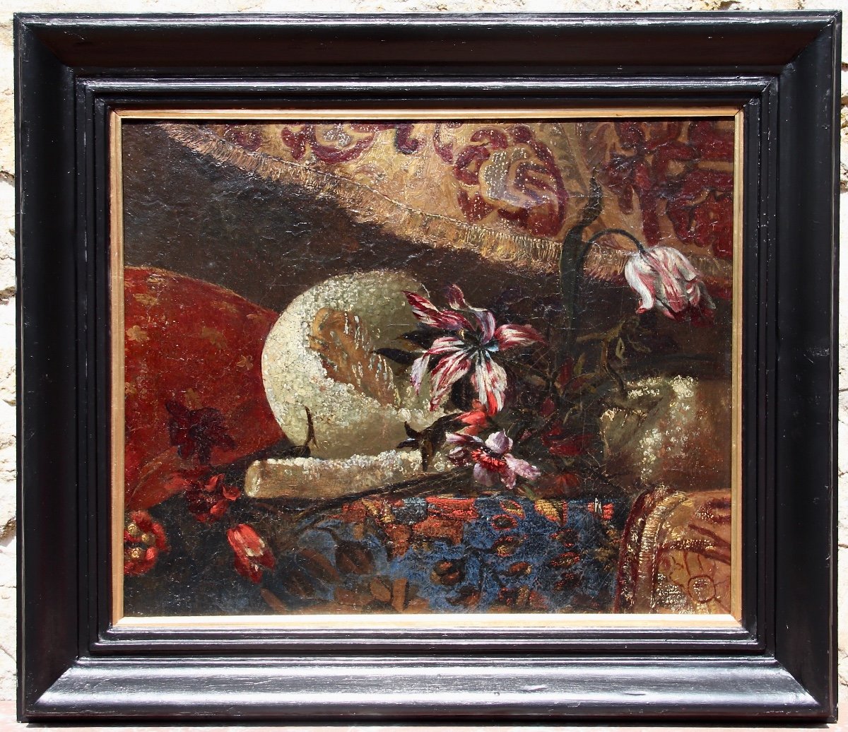 Peinture XVIIème Nature Morte Aux Fruits Et Fleurs Sur Fond De Tapisserie 