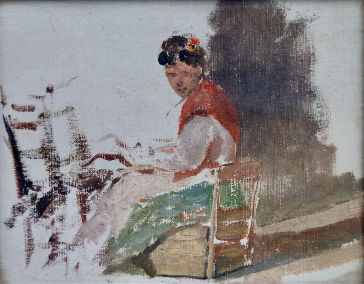 Painting Early Twentieth Young Asian Woman Sitting-photo-3