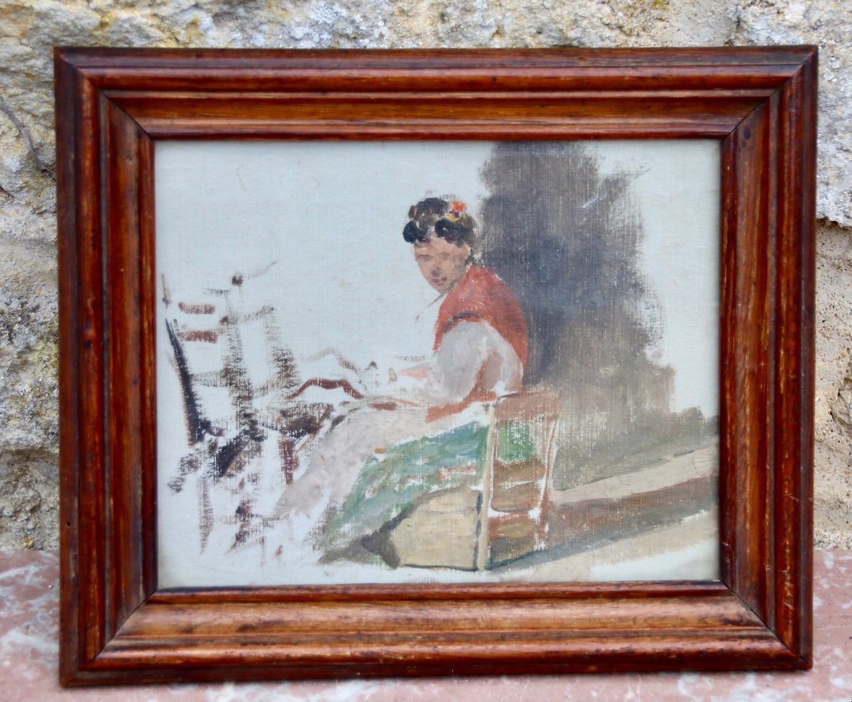 Painting Early Twentieth Young Asian Woman Sitting-photo-4