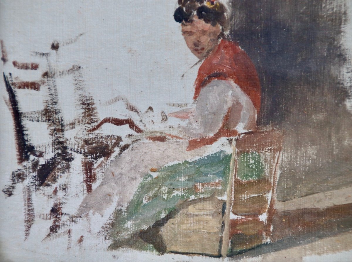 Painting Early Twentieth Young Asian Woman Sitting-photo-5