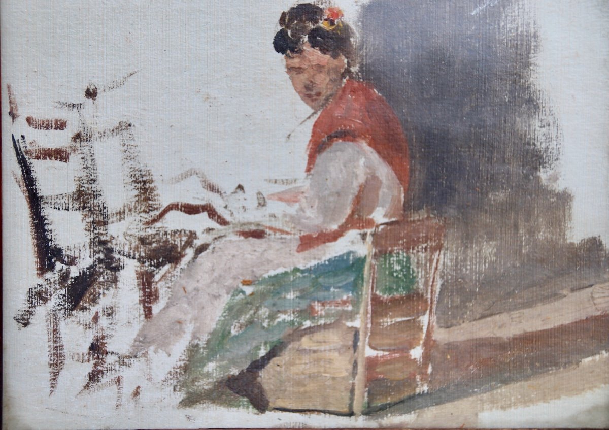 Peinture  Début XXème Jeune Femme Asiatique Assise-photo-6