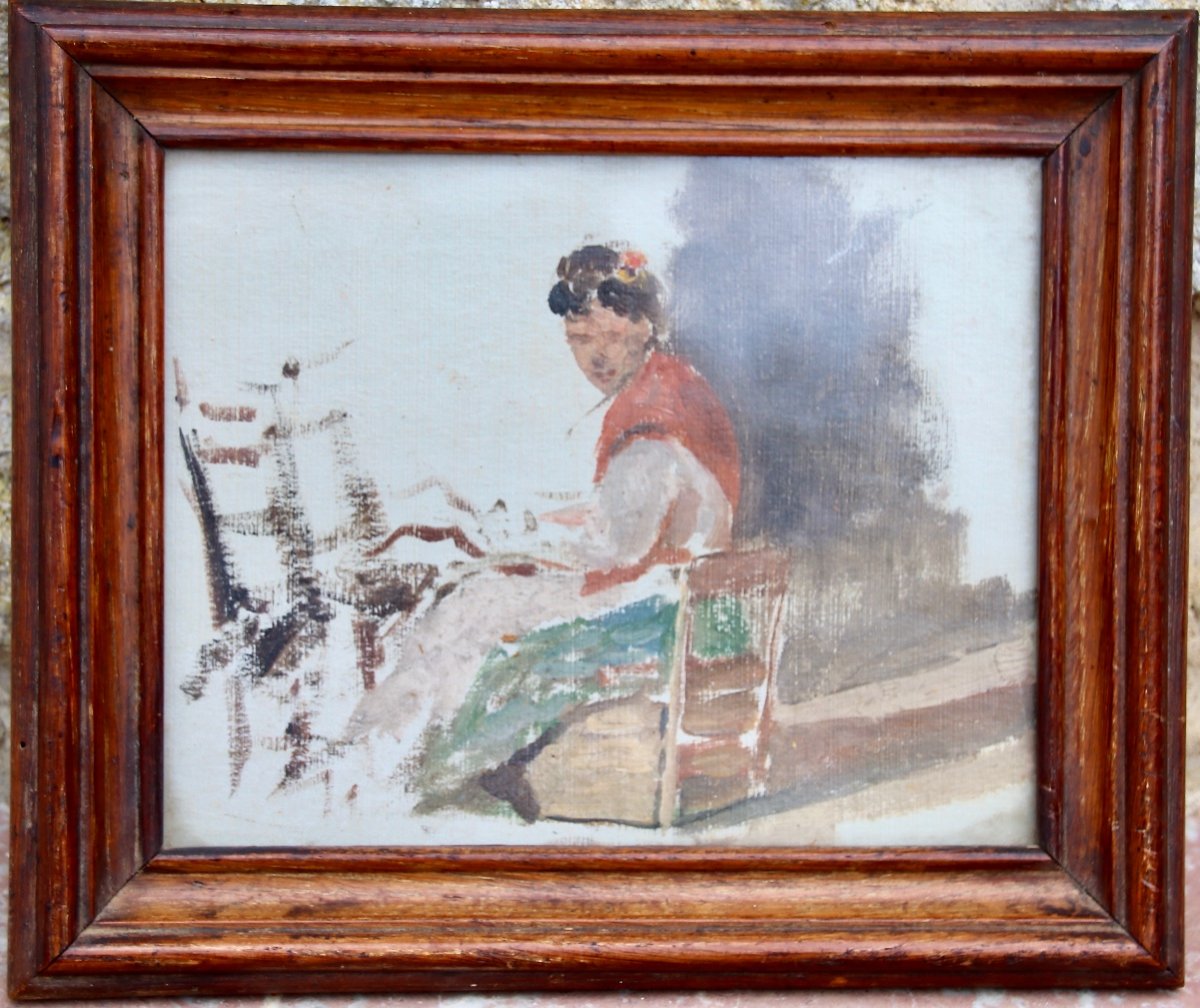 Painting Early Twentieth Young Asian Woman Sitting-photo-7