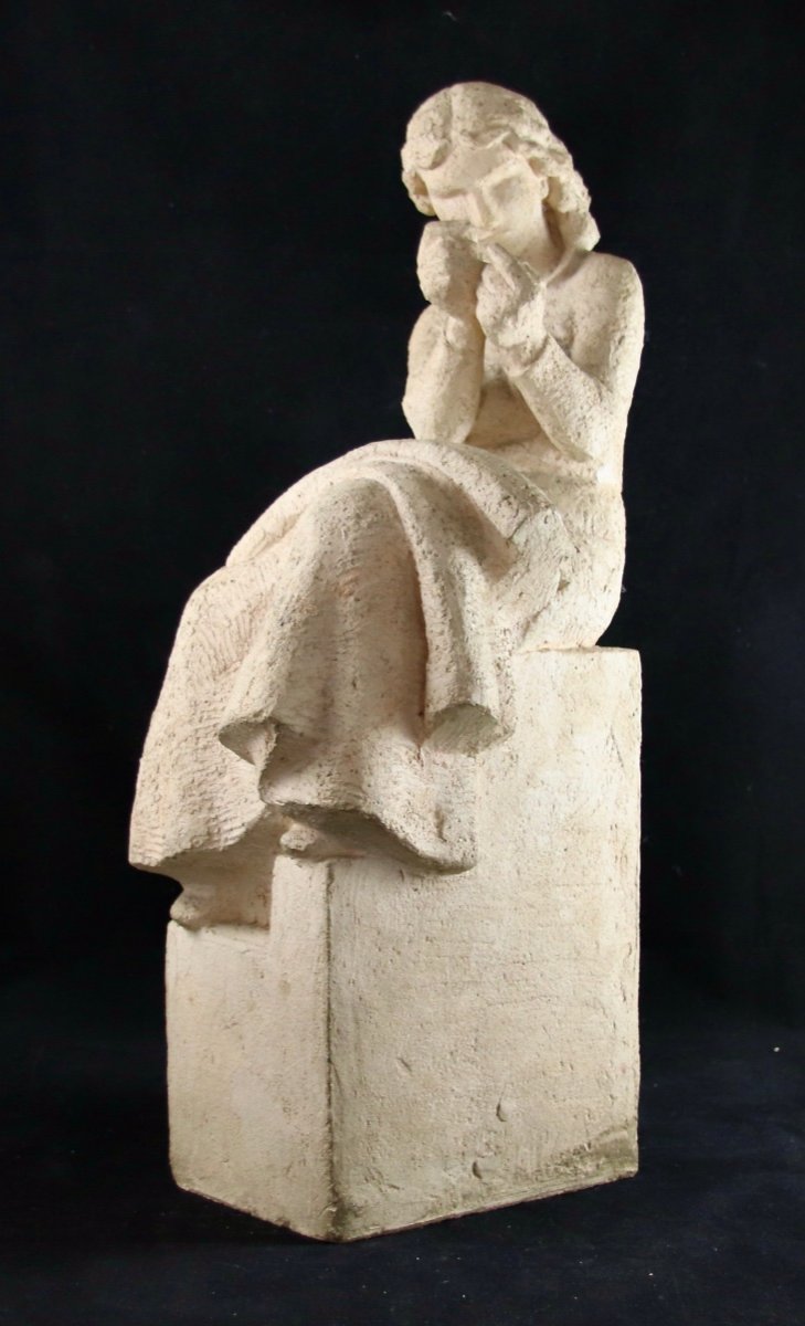 XXth Sculpture By Charles. Delhommeau The Seated Girl-photo-4