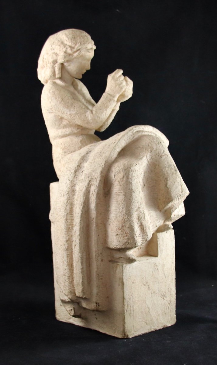 XXth Sculpture By Charles. Delhommeau The Seated Girl-photo-2