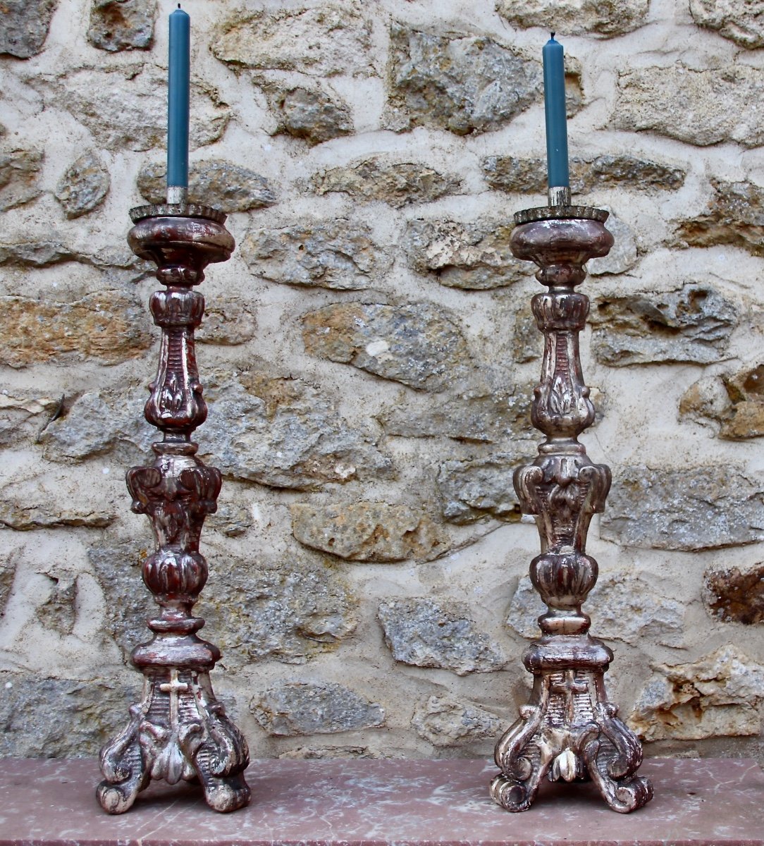 Pair Of Eighteenth Candlestick Spades In Silver Wood-photo-4