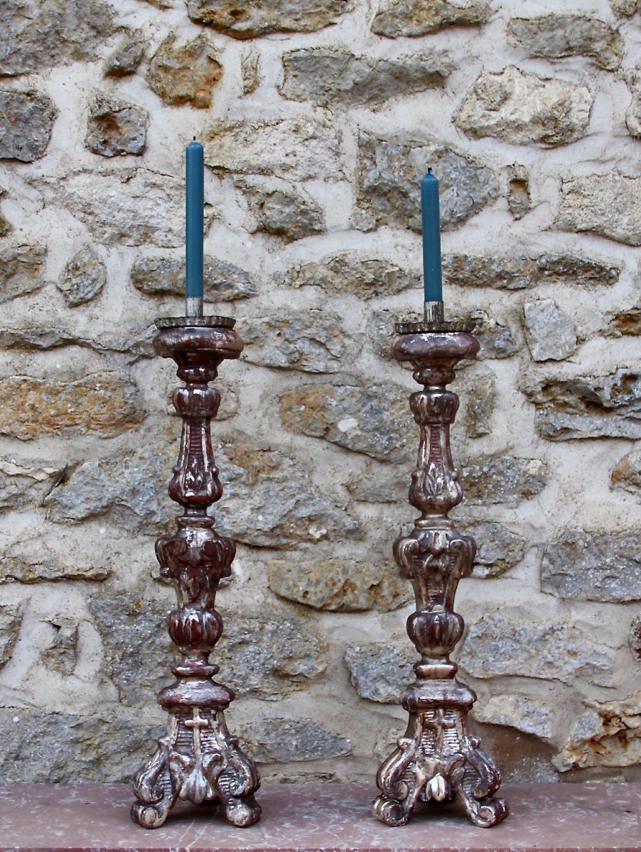 Pair Of Eighteenth Candlestick Spades In Silver Wood