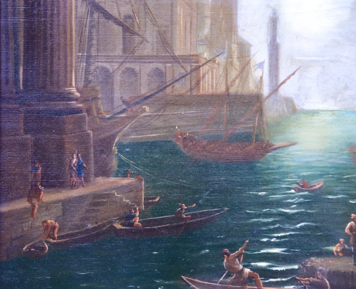 XIXth Painting Embarkation Of Sainte Paule At Ostia After Le Lorrain-photo-4