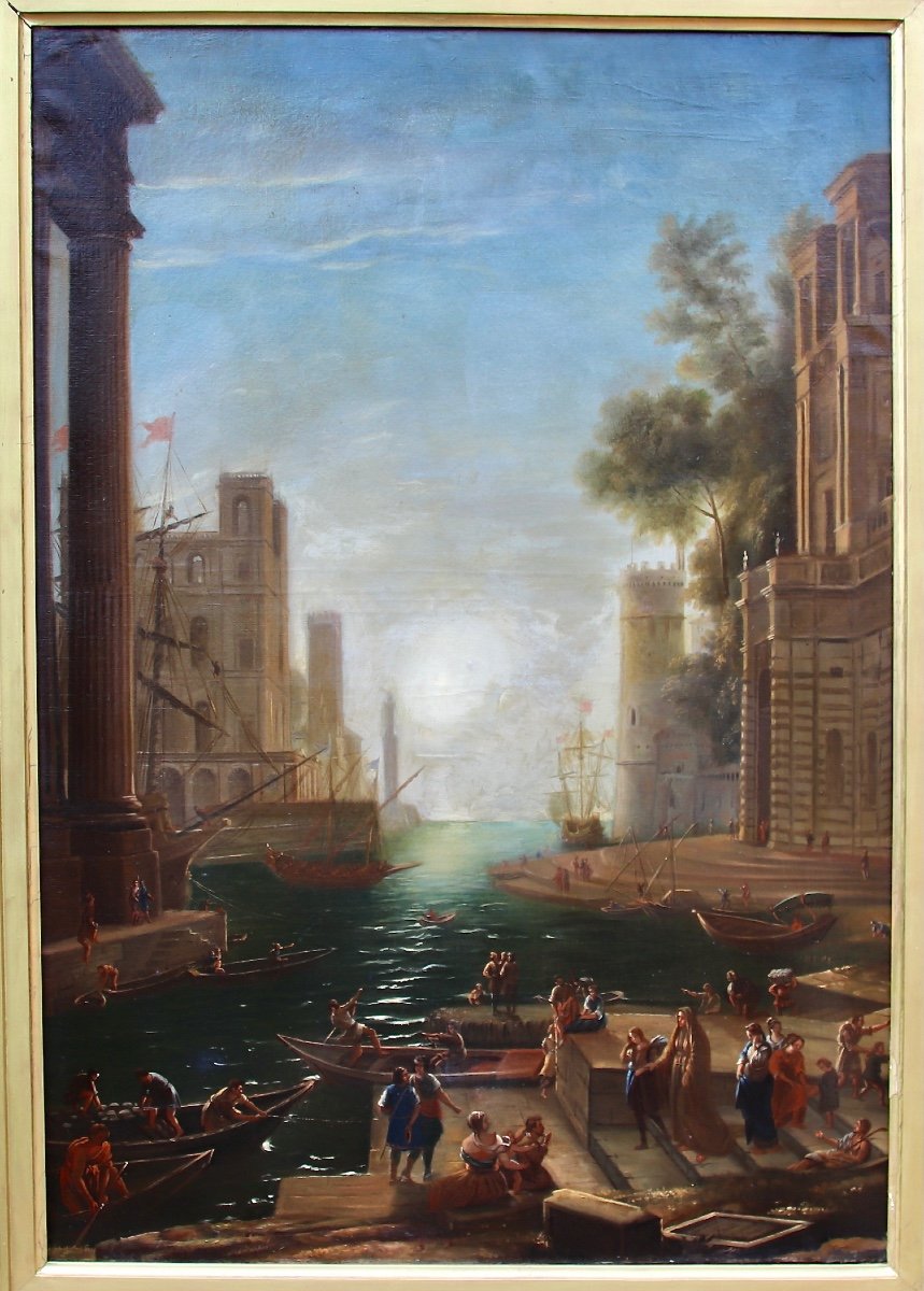 XIXth Painting Embarkation Of Sainte Paule At Ostia After Le Lorrain-photo-1