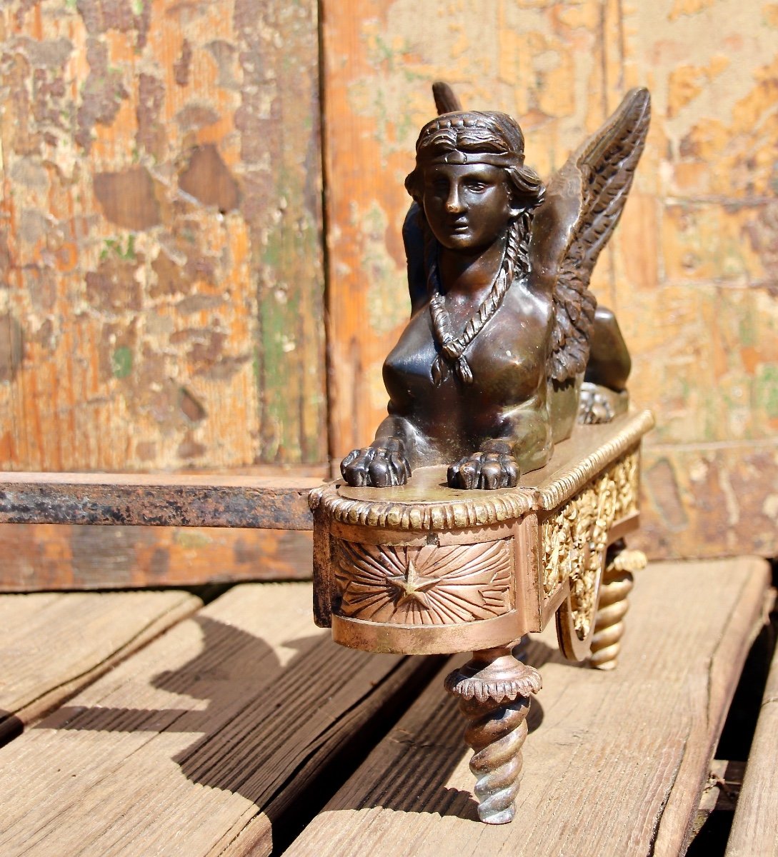 Empire Andirons With Sphinx In Bronze-photo-2