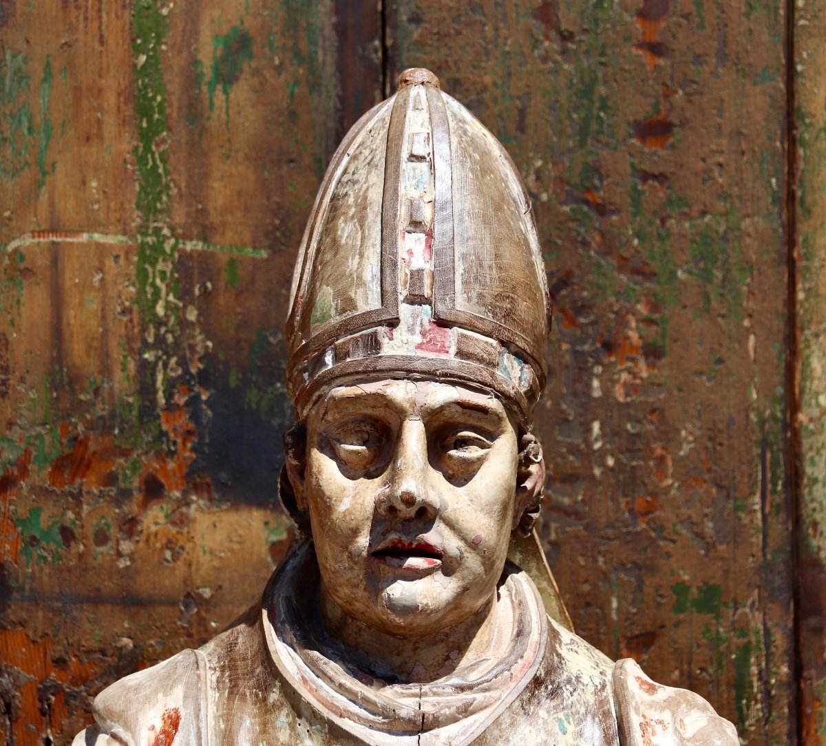 Bishop Reliquary In Polychrome Wood, XVIIIth Century-photo-5