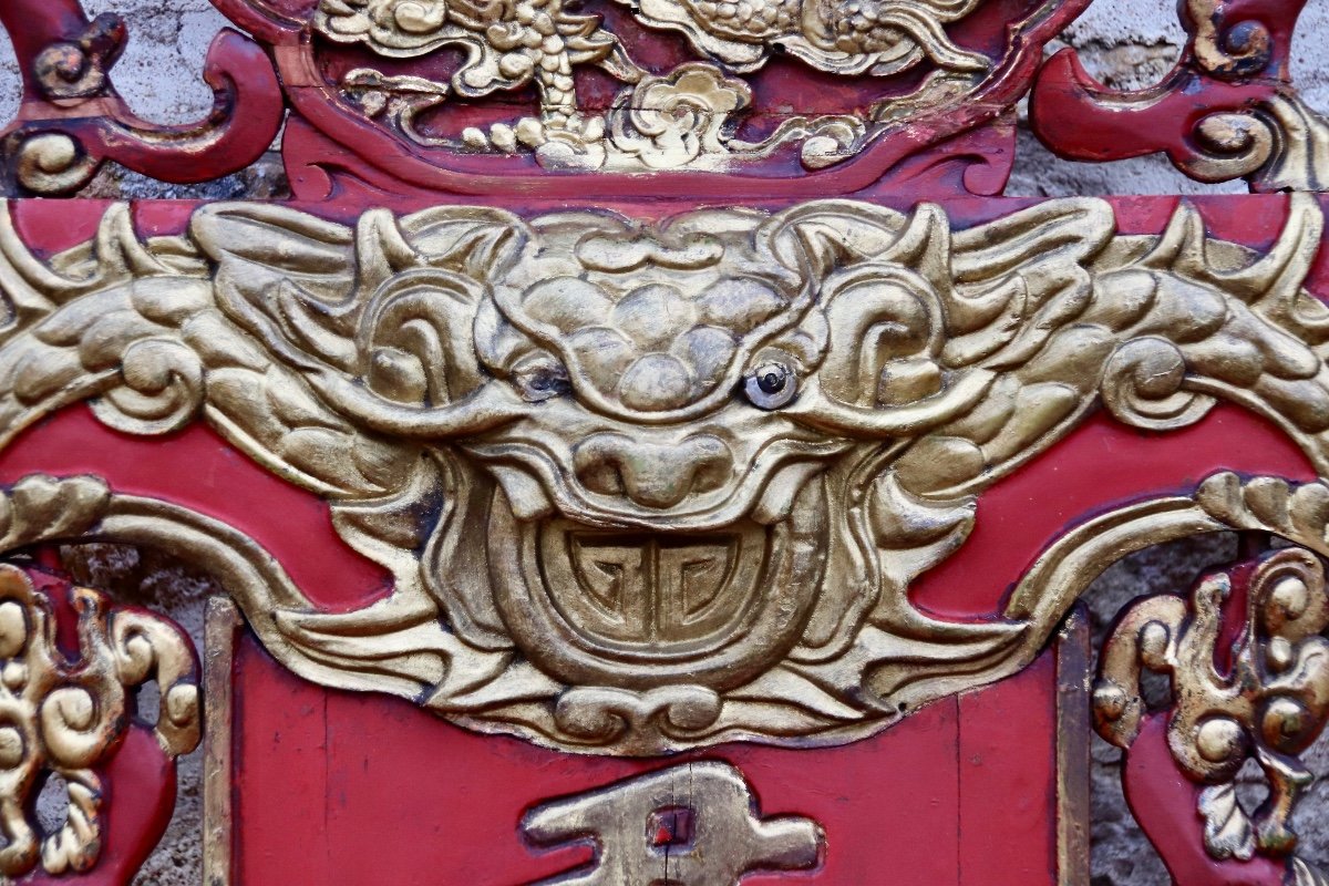 Trône Chinois Aux Dragons En Laque Rouge Et Dorure XIXème -photo-1