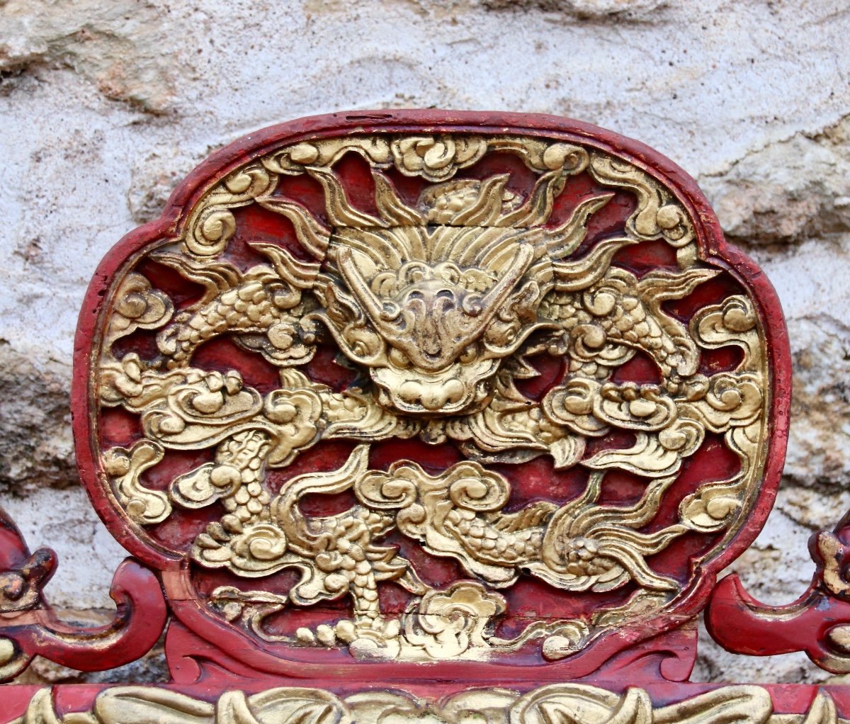 Trône Chinois Aux Dragons En Laque Rouge Et Dorure XIXème -photo-3