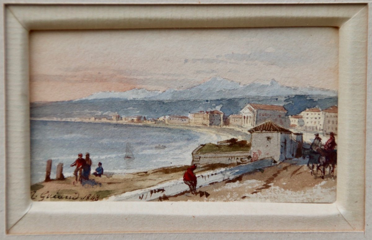 Aquarelle Miniature La Baie De Nice Par Jacques Guiaud-photo-2