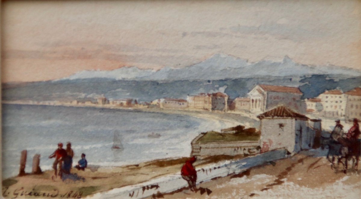 Aquarelle Miniature La Baie De Nice Par Jacques Guiaud-photo-3