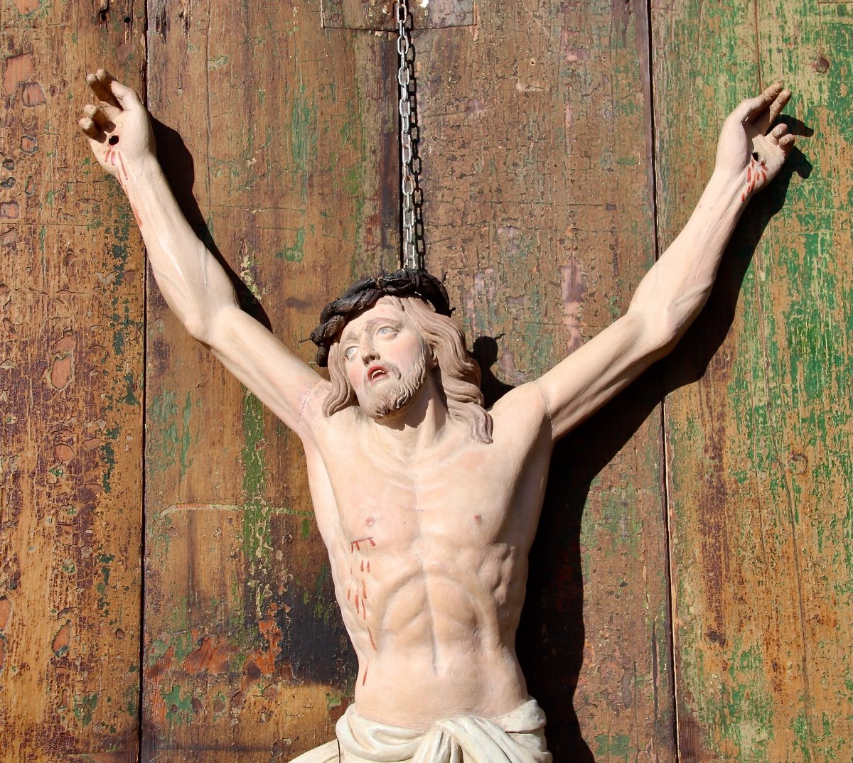 Large XIXth Christ In Polychrome Wood-photo-2