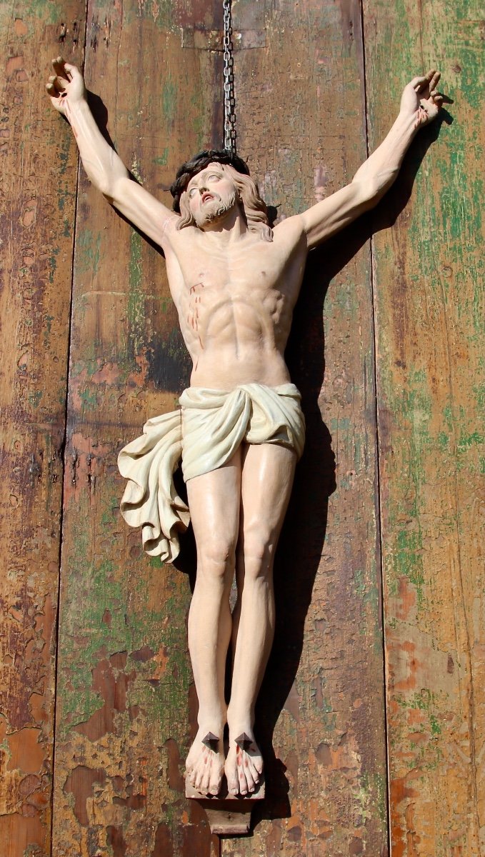 Large XIXth Christ In Polychrome Wood-photo-5