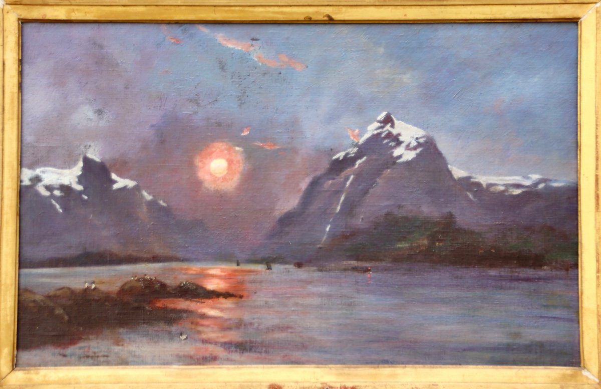 XIXth Painting Sunset On A Mountain Lake-photo-2