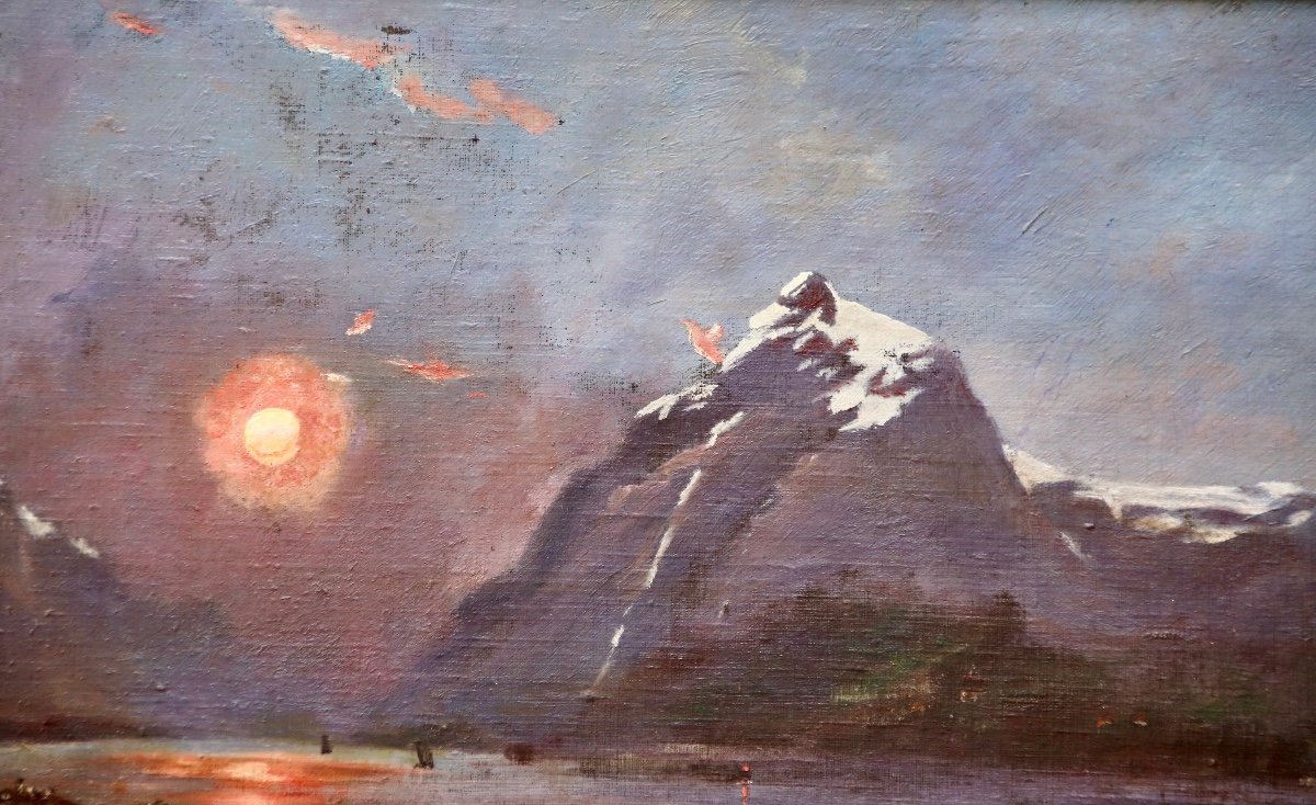 XIXth Painting Sunset On A Mountain Lake-photo-4