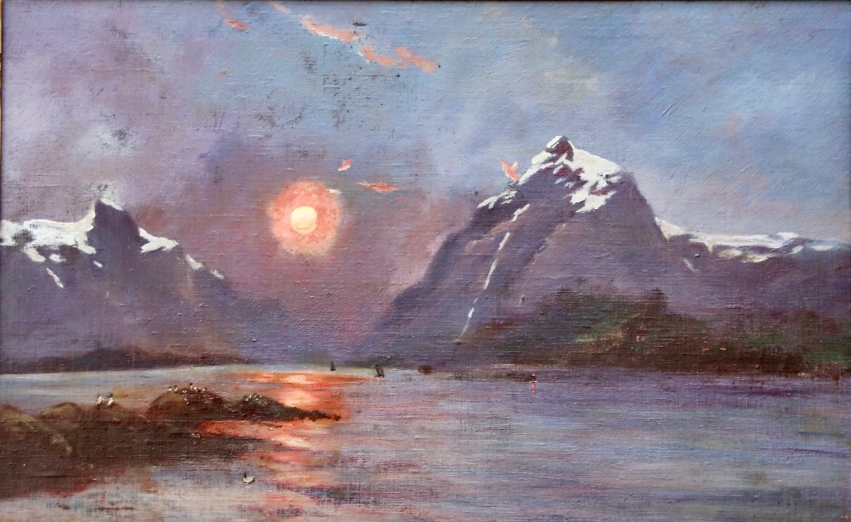 Peinture XIXème Couché De Soleil Sur Un Lac De Montagne -photo-3