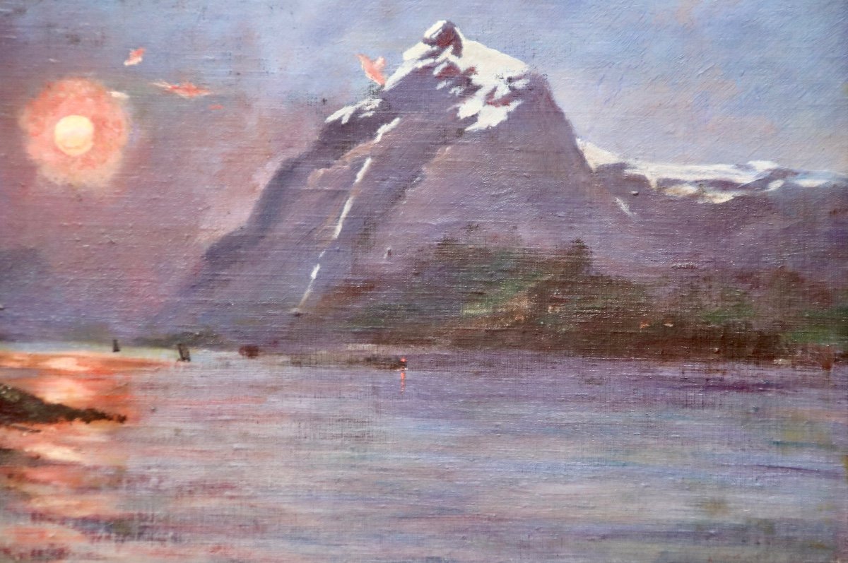 Peinture XIXème Couché De Soleil Sur Un Lac De Montagne -photo-4
