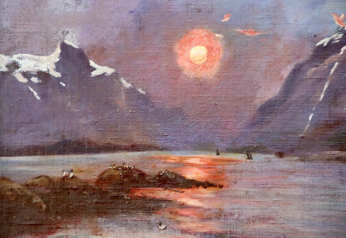Peinture XIXème Couché De Soleil Sur Un Lac De Montagne -photo-6